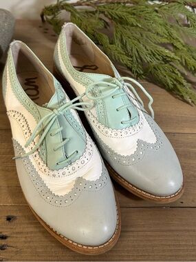 Sam Edelman Pastel Mint, White & Light Blue/Gray Jerome Brogue Oxford Flats
